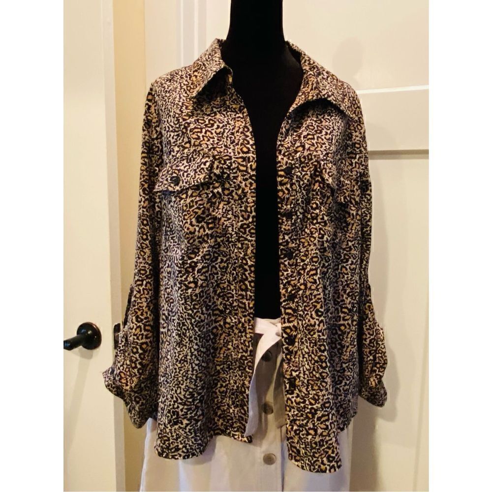 Kim Rogers Cheetah Print Long Sleeve Button Down with Pockets Women's Blouse PXL